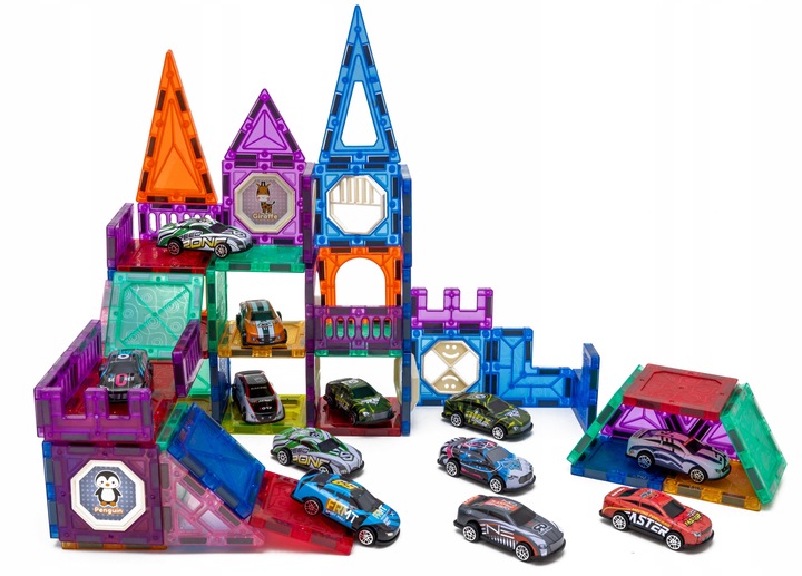 Klocki magnetyczne konstrukcyjne ZESTAW XXL 82 el. tor samochodowy 12 AUT