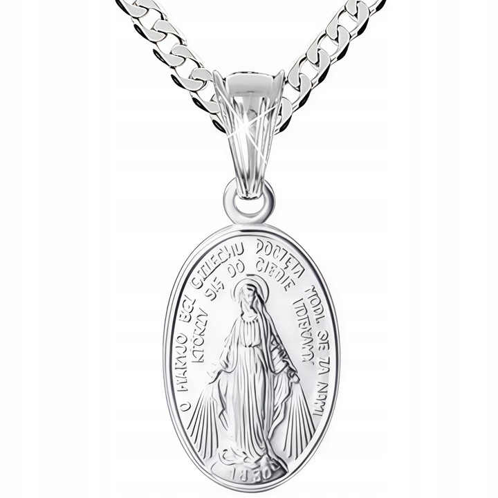 Łańcuszek srebrny pancerka 925 45cm z CUDOWNY medalik na Komunię na Chrzest