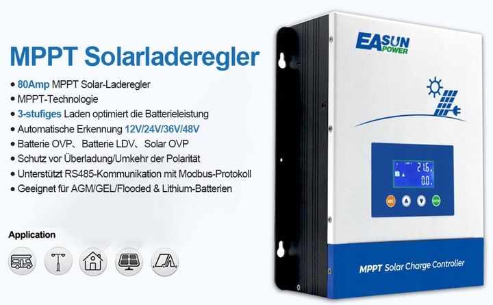 Regulator ładowania EASUN MPPT 36 V 12 V 24 V 48 V 80A MAX 150 V DC