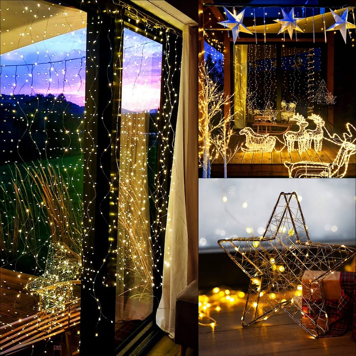 KURTYNA ŚWIETLNA 200 LED 3x2m SOPLE LAMPKI GIRLANDA BIAŁE PILOT NA OKNO