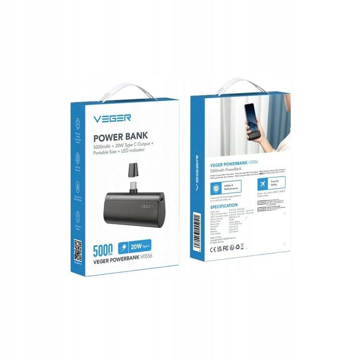 POWERBANK VEGER PlugOn 5000mAh PD 20W USB C mini mały lekki kieszonkowy
