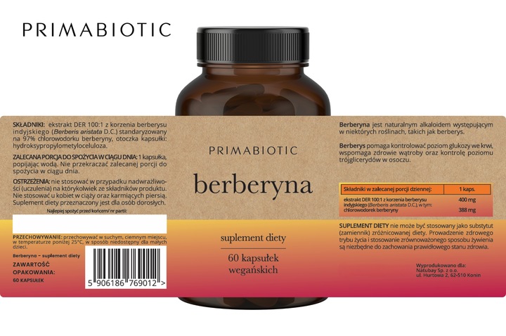 BERBERYNA HCL 400 Mg PRIMABIOTIC 60 kaps. Wątroba Metabolizm Odchudzanie