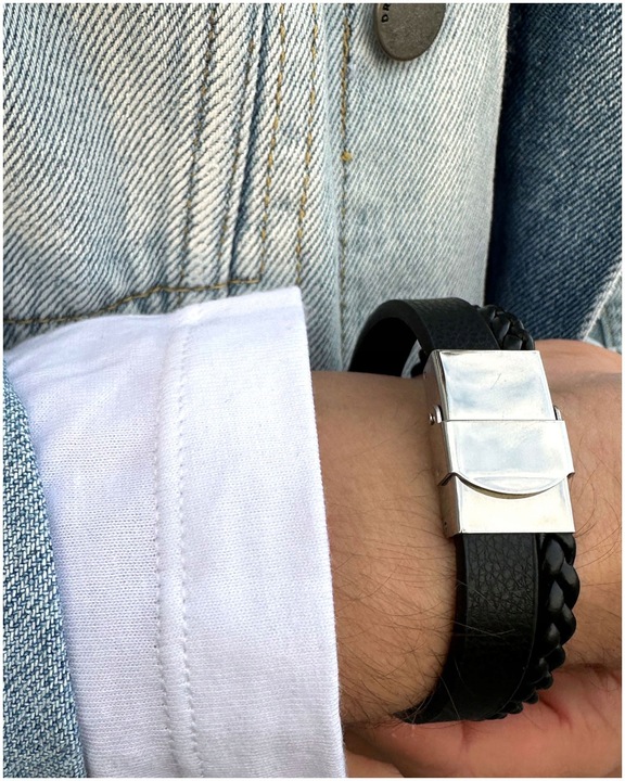 Bransoletka męska SKÓRZANA z GRAWEREM czarna STAL prezent + GRAWER GRATIS