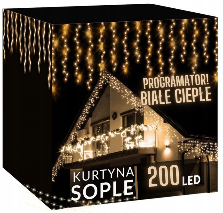 KURTYNA 200 LED 9,5m SOPLE GIRLANDA ŚWIETLNA LED BIAŁA CIEPŁA PROGRAMATOR