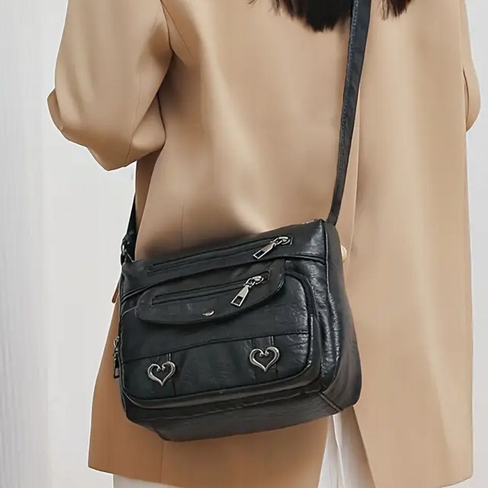 Torebka Damska MAŁA CZARNA na Ramię W serca Pojemna Kuferek Dużo Kieszonek
