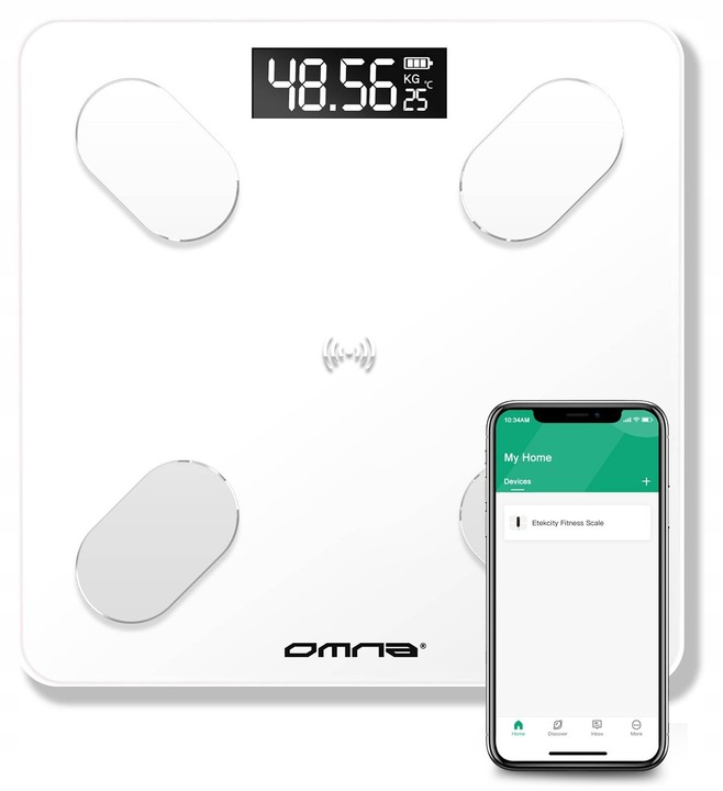 Inteligentna waga łazienkowa smart szklana OMNA aplikacja, miarka i baterie