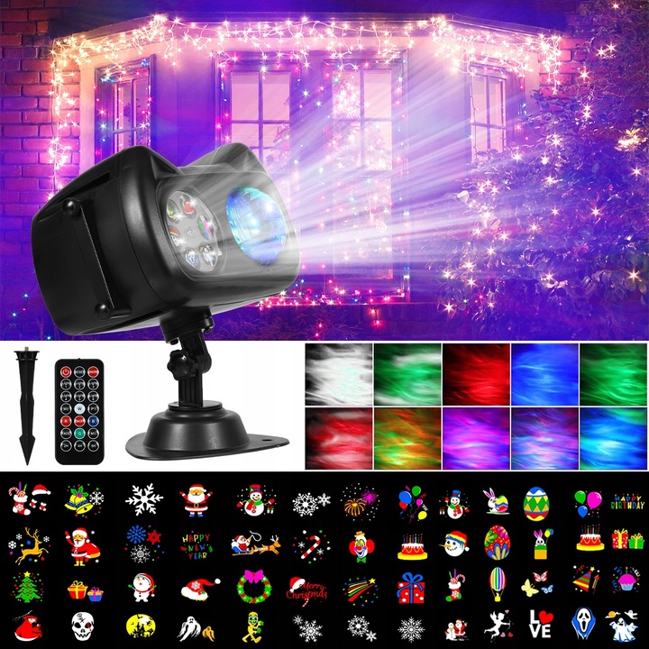 PROJEKTOR LED ŚWIĄTECZNY LASEROWY REFLEKTOR NA DOM RZUTNIK 72 WZORÓW+PILOT