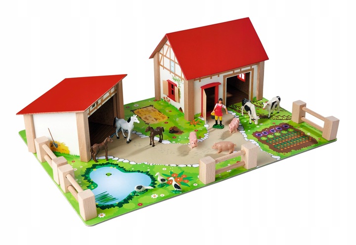 DUŻA DREWNIANA FARMA ZAGRODA + FIGURKI ZWIERZĄT KONIE ŚWINKI STAJNIA 25 EL.