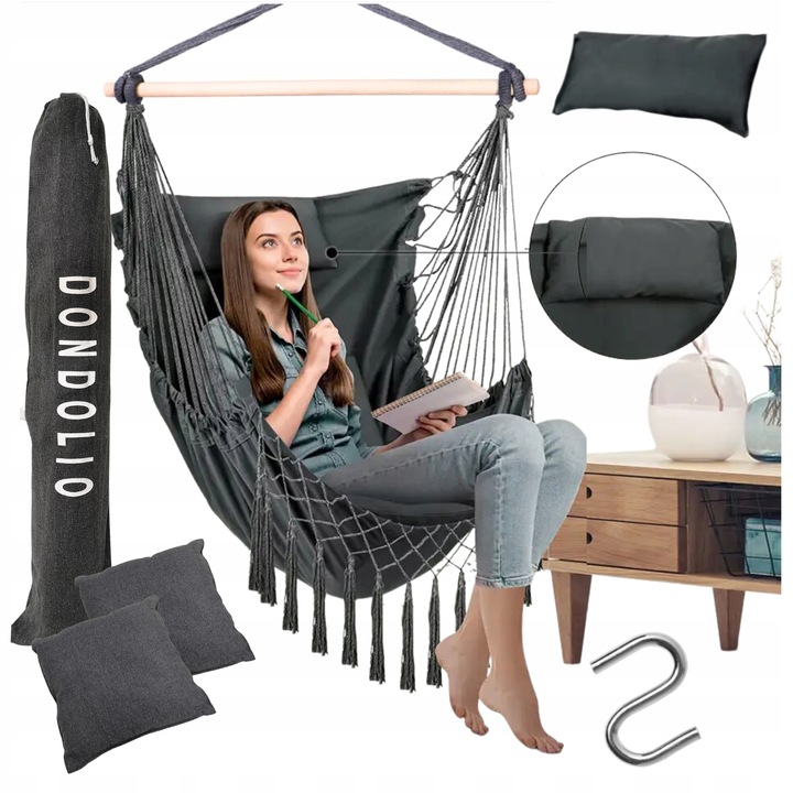 Hamak Huśtawka Fotel Wiszący Brazylijski Ogrodowy Bujany + 3 poduszki BOHO