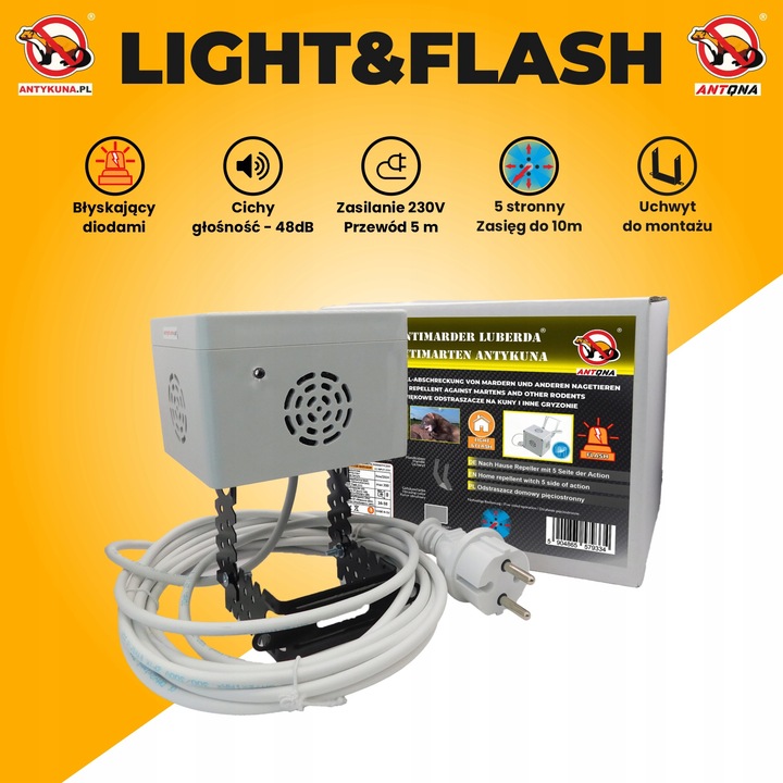 Odstraszacz kun Hermetyczny cichy i błyska do domu na strych 5 stronny 230V