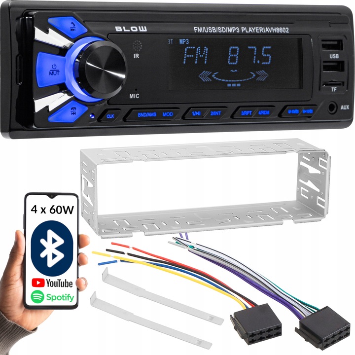 RADIO SAMOCHODOWE 1-DIN BLUETOOTH 2x USB AUX SD MP3 PILOT BATERIA ZESTAW