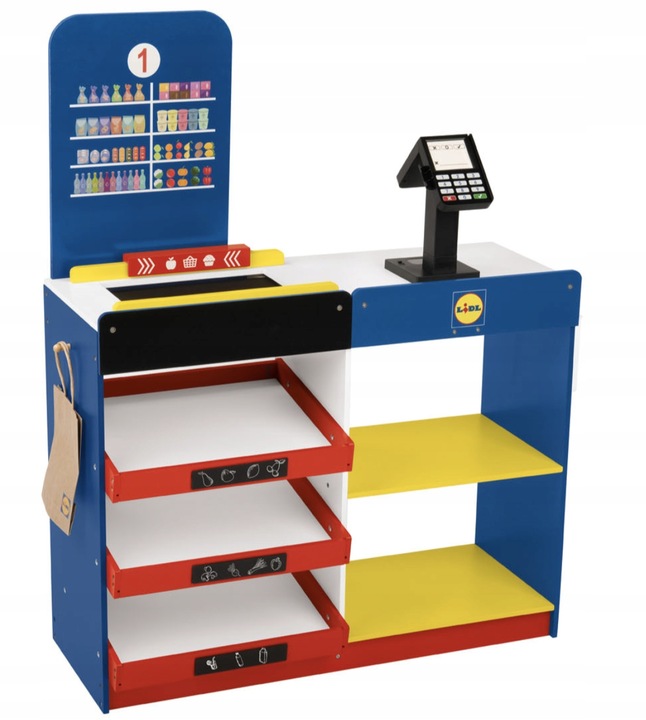 DREWNIANY SKLEP LIDL Z KASĄ I AKCESORIAMI DLA DZIECI PLAYTIVE