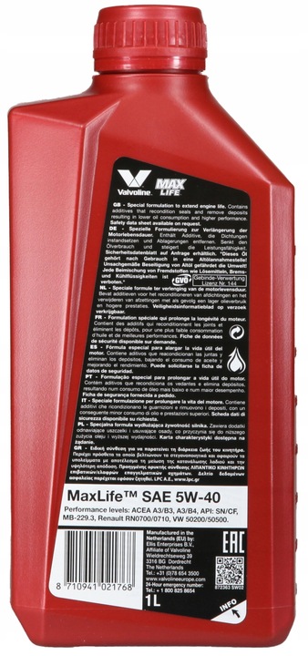 VALVOLINE MAXLIFE A3/B4 SN/CF 5W40 - 1L