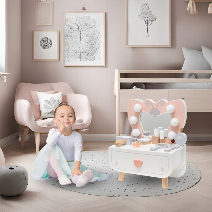 Drewniana mini toaletka dla dzieci Motylek z oświetleniem LED