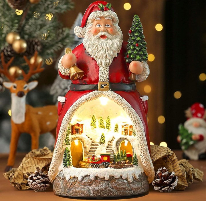 Figurka Święty Mikołaj z poruszającym się pociągiem światłami LED muzyką