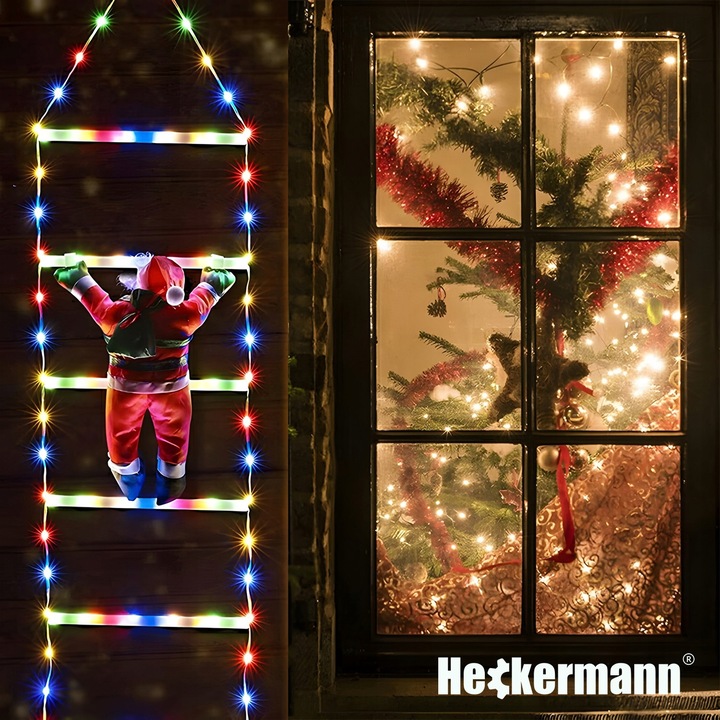 ŚWIĄTECZNA DEKORACJA LED MIKOŁAJ WSPINAJĄCY SIĘ PO DRABINIE ŚWIECĄCY 330cm