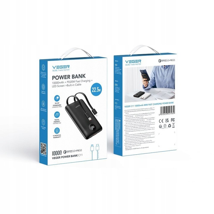 Powerbank VEGER C11 10000 mAh wbudowane kable Lightning USB C mały lekki