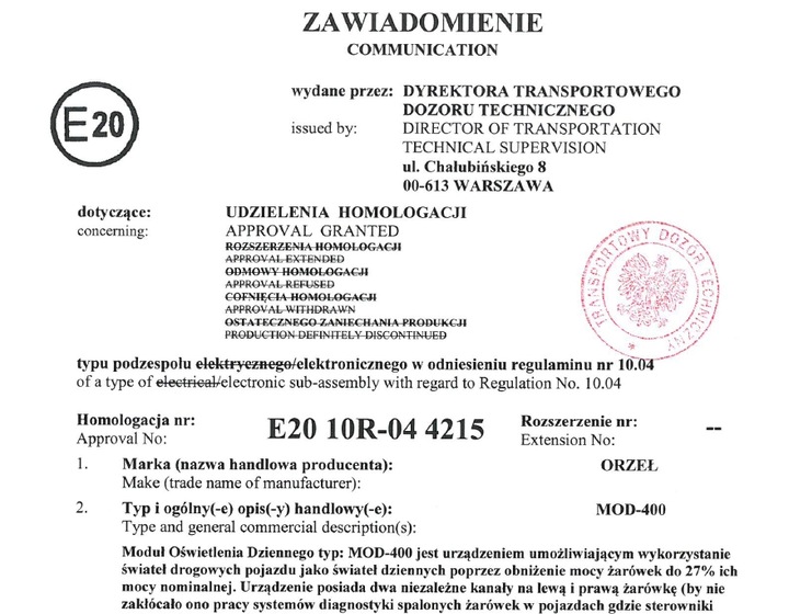 MODUŁ ŚWIATEŁ DŁUGICH DZIENNYCH DRL Dzienne