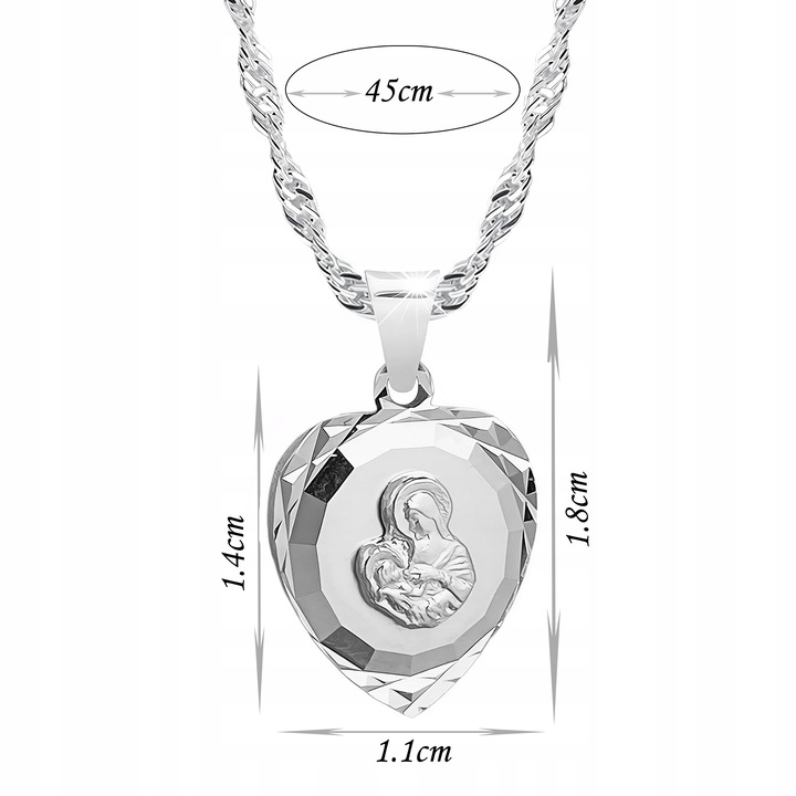 Medalik srebrny 925 Matka Boska Maryja serce z łańcuszkiem 45cm do Komunii