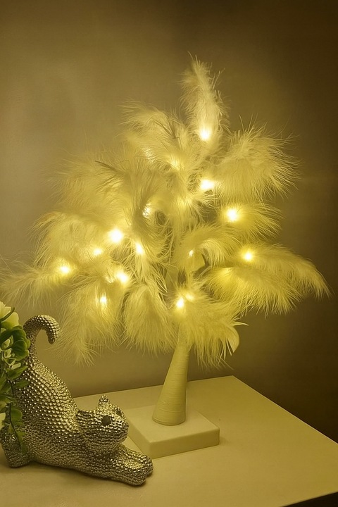 Drzewko led ozdobne z piórkami dekoracja BIAŁE CIEPŁE