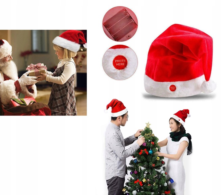 INTERAKTYWNA CZAPKA MIKOŁAJA TAŃCZĄCA GRAJĄCA ZABAWNA DEKORACJA ŚWIĄTECZNA