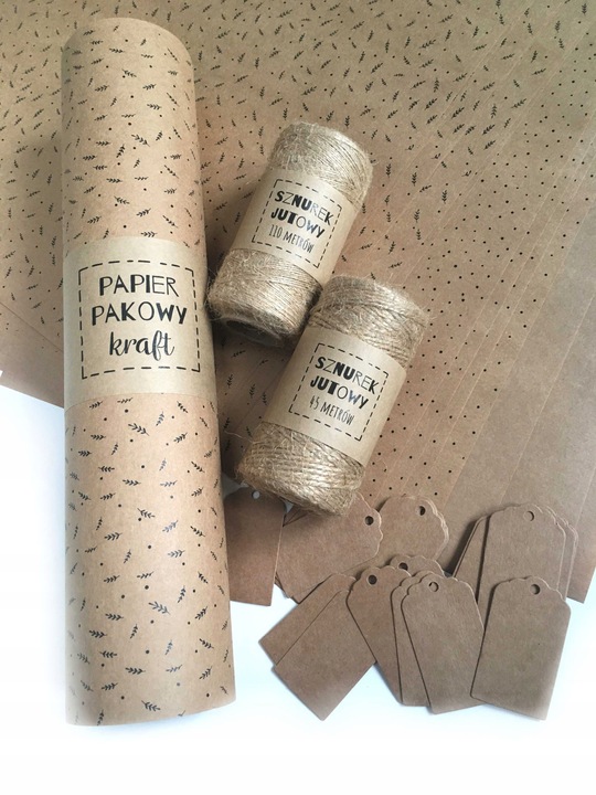 ZESTAW DO PAKOWANIA EKO papier pakowy sznurek juta tagi wzór listki kropki