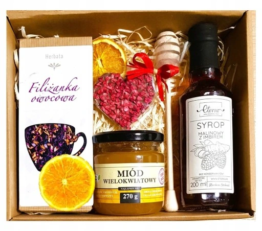 KOSZ BOX PREZENTOWY PREZENT MIÓD HERBATA CZEKOLADA SERCE