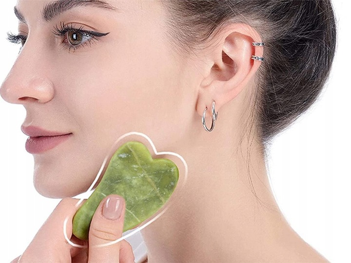 3w1 Masażer do twarzy KAMIEŃ GUA SHA z jadeitu zestaw roller wałek masażu