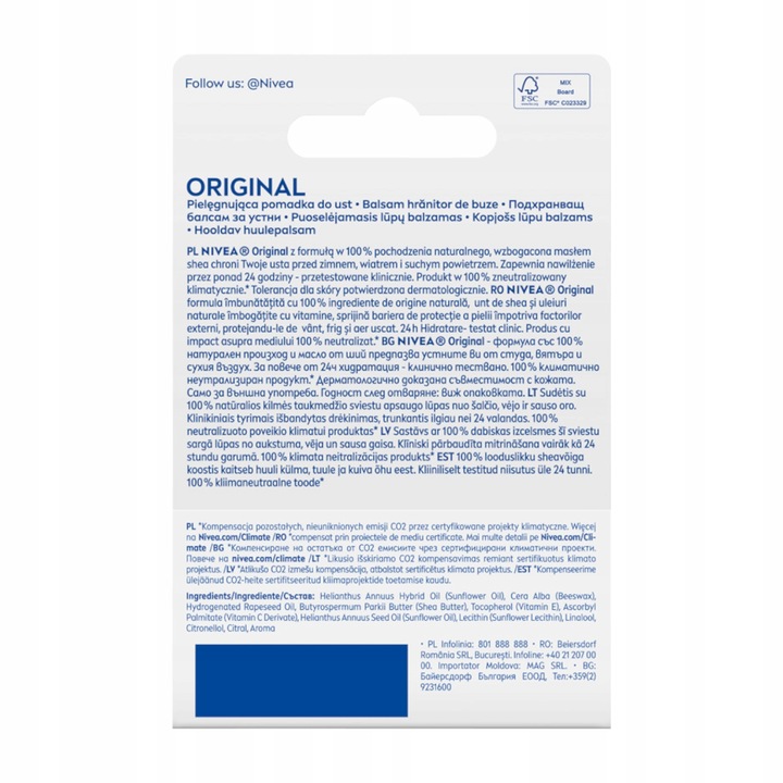 NIVEA ORIGINAL CARE Pomadka ochronna do ust 5,5ml