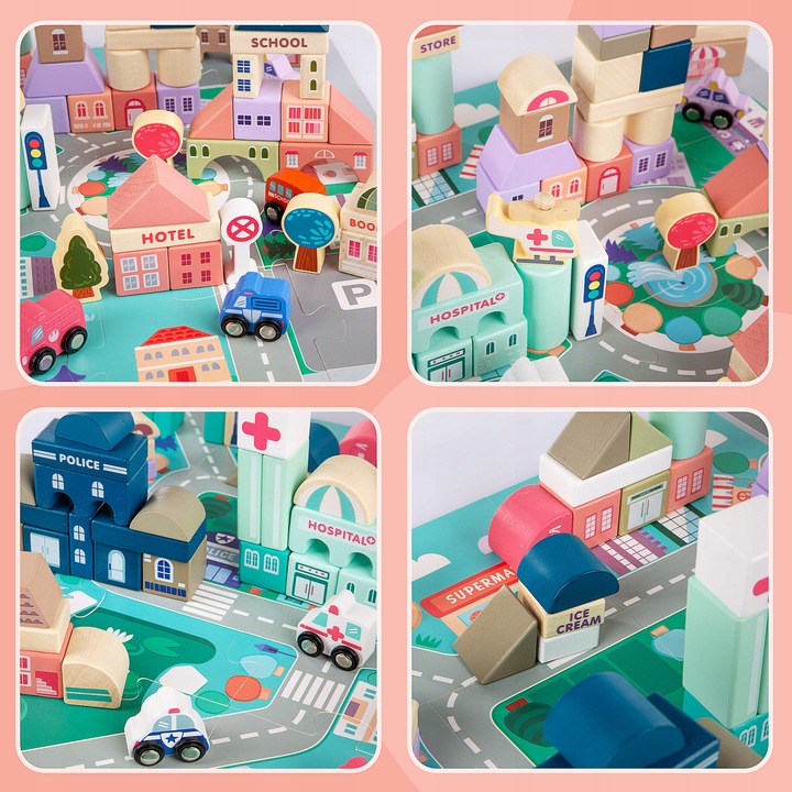 DREWNIANE KLOCKI ZESTAW DROGA MIASTO 115 ELEMENTÓW MATA POJAZDY AKCESORIA