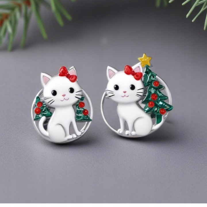 KOLCZYKI SREBRNE DLA DZIEWCZYNKI KOTKI ŚWIĄTECZNE ASYMETRYCZNE NA PREZENT