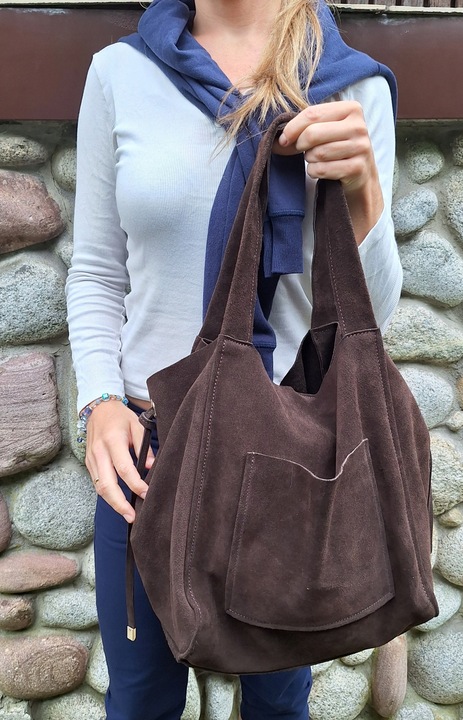 Torebka CZEKOLADOWA zamszowa shopper Vera Pelle SKÓRA ZAMSZ NATURALNY