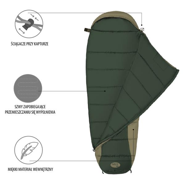 Duży ciepły śpiwór turystyczny mumia z kapturem i pokrowcem kompresyjnym