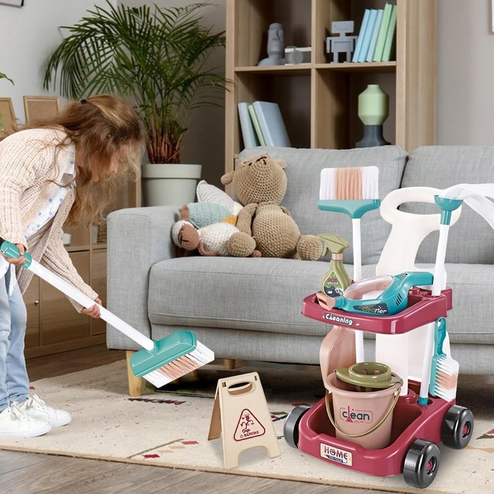 Zestaw do Sprzątania Czyszczenia dla Dzieci Wózek Mop Odkurzacz Miotła 16el