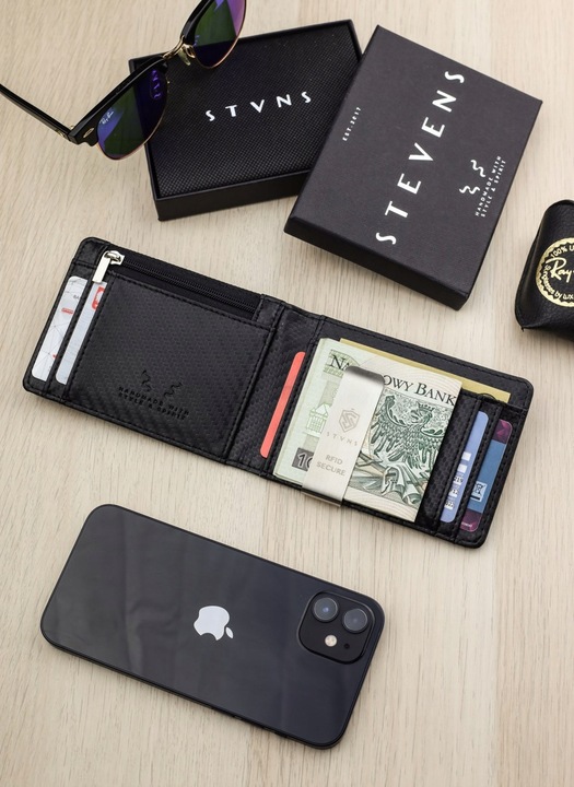 STEVENS Męski Portfel Skórzany Slim Klips RFID Na Karty Drobne AirTag Q3-W