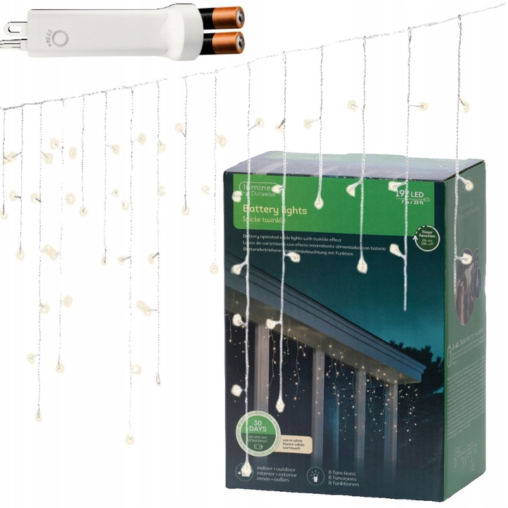 Lampki SOPLE Kurtyna 192 LED zewnętrzne na budynek okno rynne BATERIE 7m