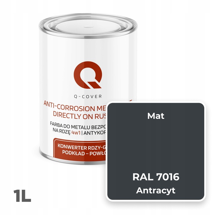 FARBA DO METALU NA RDZĘ OCYNK ALUMINIUM STAL 1L 4w1 ANTRACYT RAL 7016 MAT