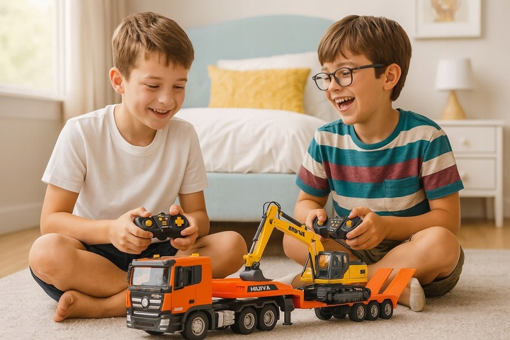 OGROMNA CIĘŻARÓWKA Z PRZYCZEPĄ SAMOCHÓD LAWETA KOPARKA RC 2x PILOT 1319