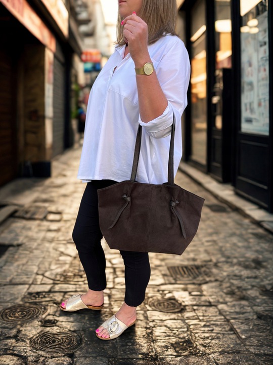 Czekoladowa torebka zamszowa shopper brąz SKÓRA ZAMSZ NATURALNY Vera Pelle