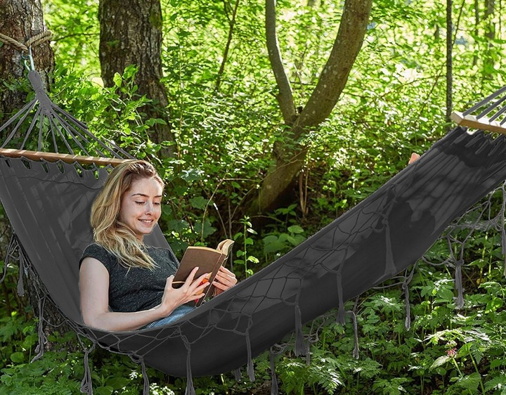 HAMAK OGRODOWY BOHO MAKRAMOWY DRĄŻEK PAŁĄK JEDNOOSOBOWY POKROWIEC GRAFIT