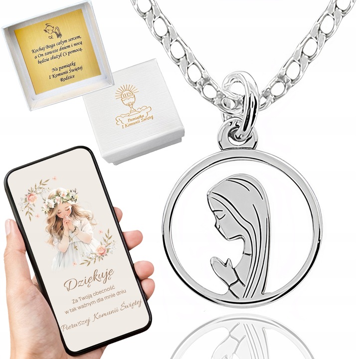 Łańcuszek srebrny 925 40 cm z medalikiem MB idealny na komunię lub chrzest