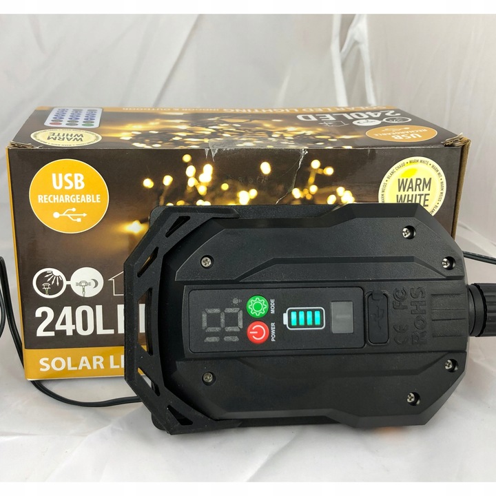 Lampki choinkowe 2w1 SOLARNE + AKUMULATOR 240 LED ciepłe 13 programów 11m