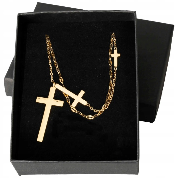 Pozłacany Naszyjnik Damski ze Stali Szlachetnej Wielowarstwowy z Krzyżykami