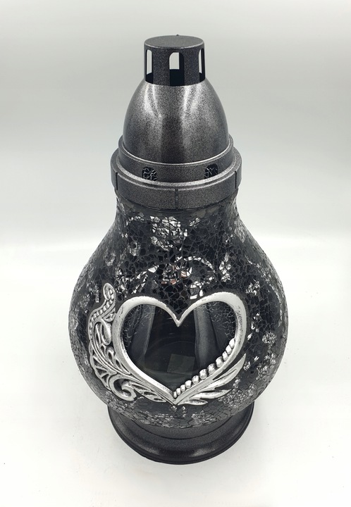 Znicz Szklany Karafka Witraż Mozaika Serce Czarno-Srebrny 38cm Lampion