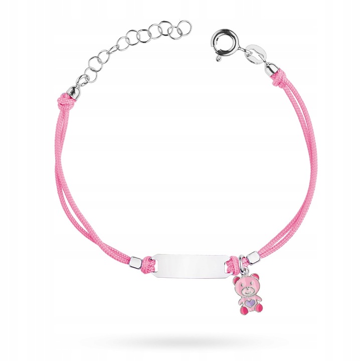 Dziecięca SREBRNA BRANSOLETKA pr. 925 Różowy Sznurek z Misiem Miś