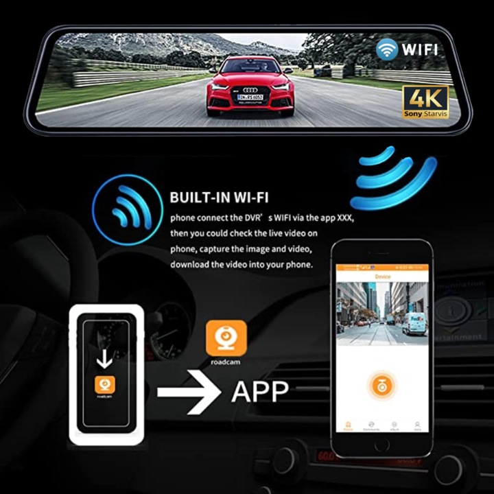 Wideorejestartor w lusterku z kamerą cofania samochodowa 2w1 WIF APLIKACJA