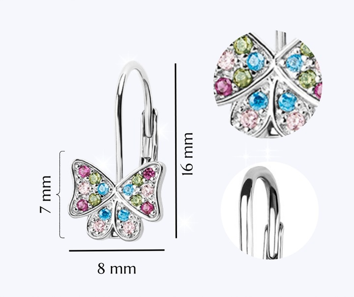 KOLCZYKI SREBRNE DLA DZIEWCZYNKI MOTYLKI KOLOROWE CYRKONIE ANGIELSKIE 925