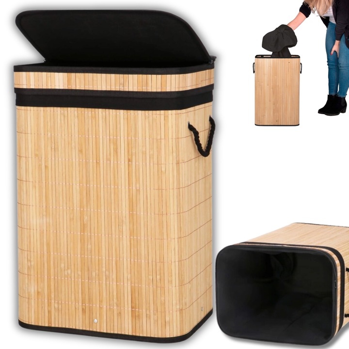 KOSZ NA PRANIE BIELIZNĘ UBRANIA POJEMNIK BAMBUSOWY Z POKRYWĄ DUŻY 72L KUFER