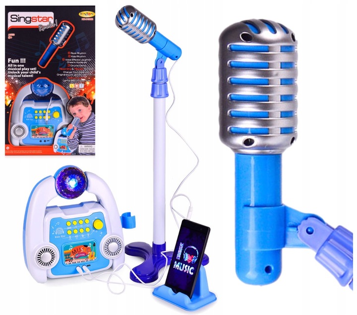 ZESTAW DO KARAOKE MIKROFON DLA DZIECI WZMACNIACZ STATYW EFEKTY NAGRYWANIE