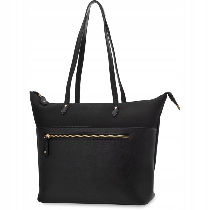 Pojemna Torebka Torba Worek Shopper Paski Damska Skórzana Czarna Ramię A4